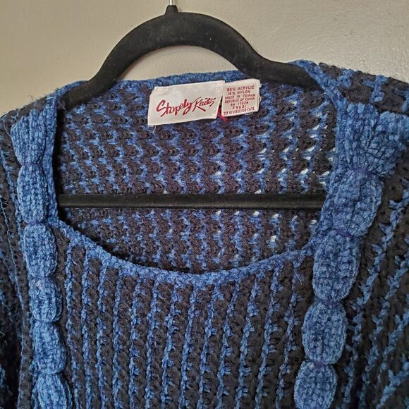 Vintage Y2K Sweater Blue Black Knit Chenille Accents Dolman Sleeves *READ* - Picture 4 of 12